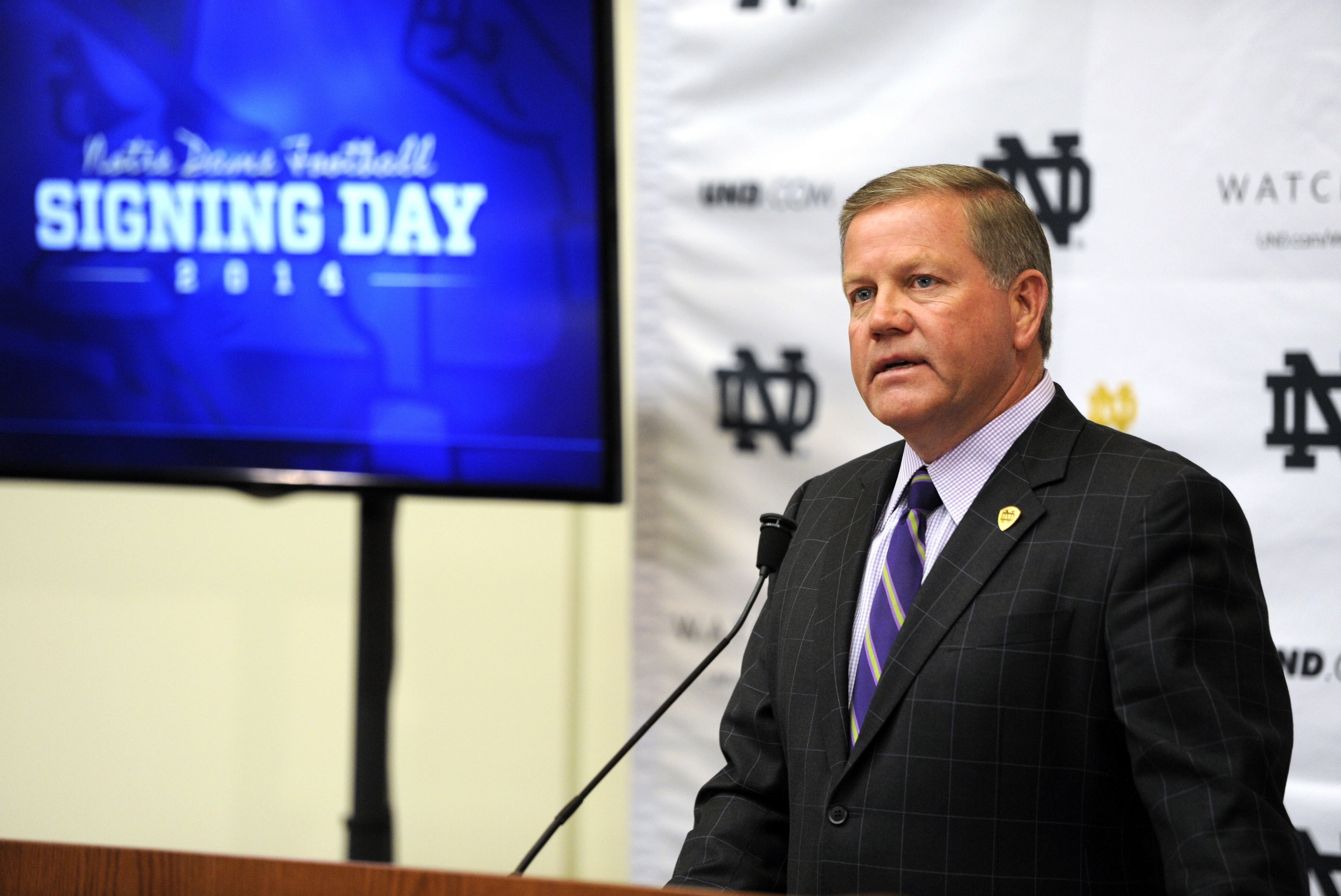 Notre Dame football coach Brian Kelly talks about recruits during signing day at Notre Dame Feb. 5, 2014 in South Bend, Ind.  (Blue and Gold Photo/Joe Raymond)