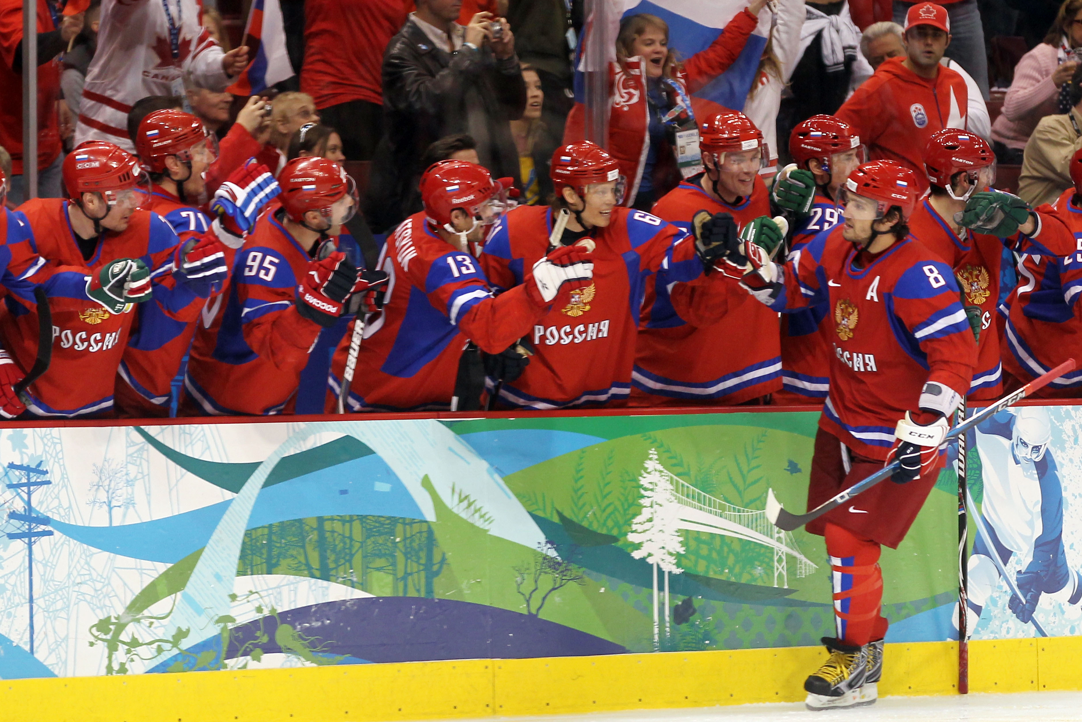 VANCOUVER, BC - FEBRUARY 21:  Russian players celebrate a goal during the ice hockey men's preliminary game between Russia and Czech Republic on day 10 of the Vancouver 2010 Winter Olympics at Canada Hockey Place on February 21, 2010 in Vancouver, Canada.  (Photo by Jamie Squire/Getty Images)