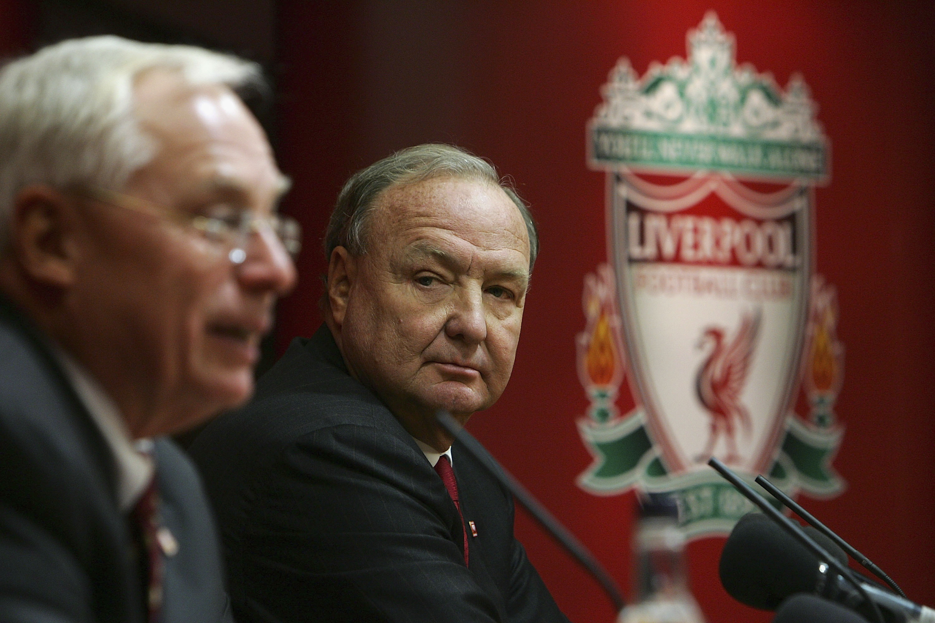 LIVERPOOL, UNITED KINGDOM - FEBRUARY 06:  American businessmen George Gillett (L) and Tom Hicks talk to the media after their takeover of Liverpool Football Club on February 6, 2007, in Liverpool, England. Gillett and  Hicks have reached a deal, thought to be worth GBP470m, to buy the football club.  (Photo by Christopher Furlong/Getty Images)