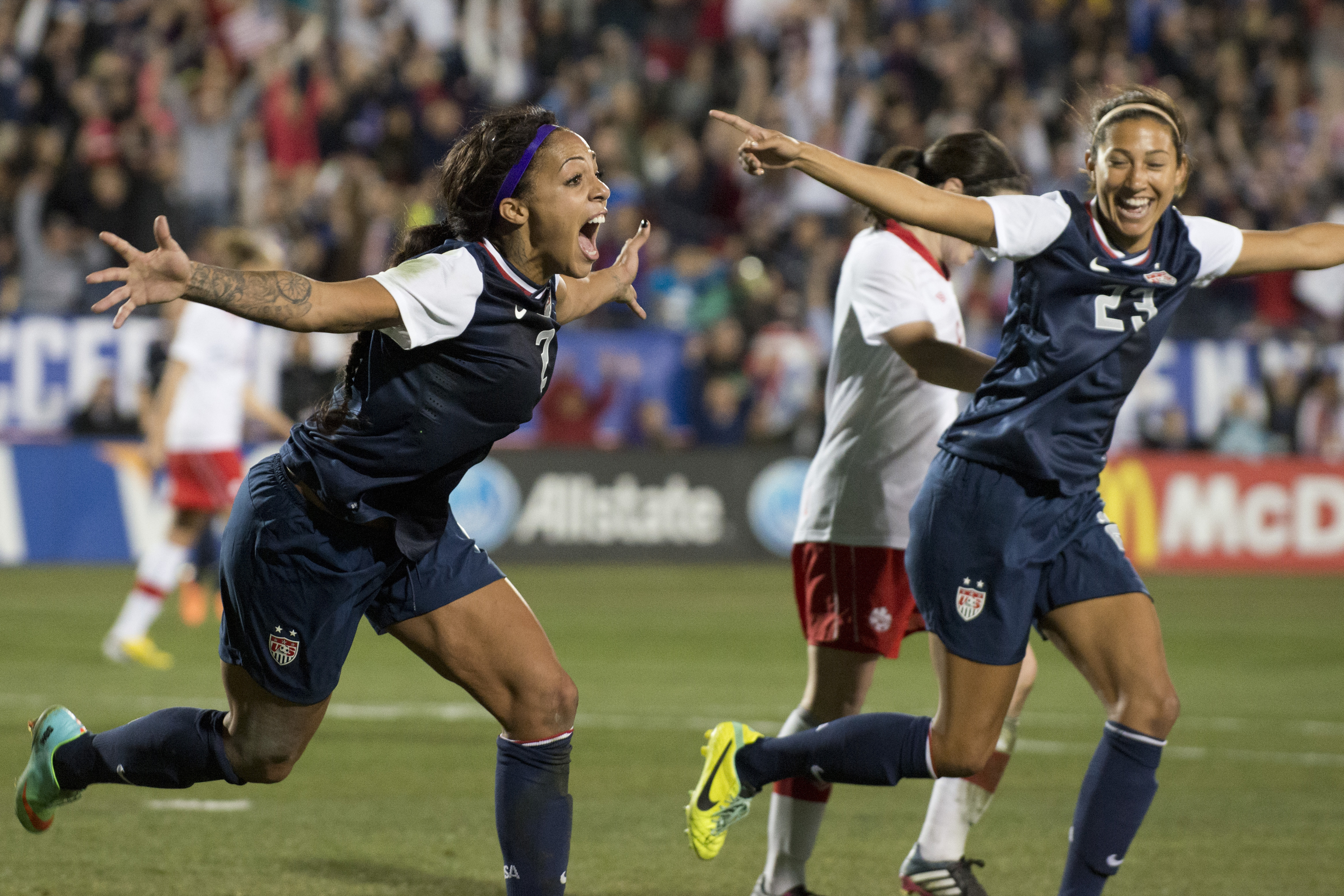 FRISCO, TX - JANUARY 31:  Sydney Leroux #2 of the U.S. Women's National Team celebrates after scoring the game-winning goal against the Canadian Women's National Team on January 31, 2014 at Toyota Stadium in Frisco, Texas.  (Photo by Cooper Neill/Getty Images)
