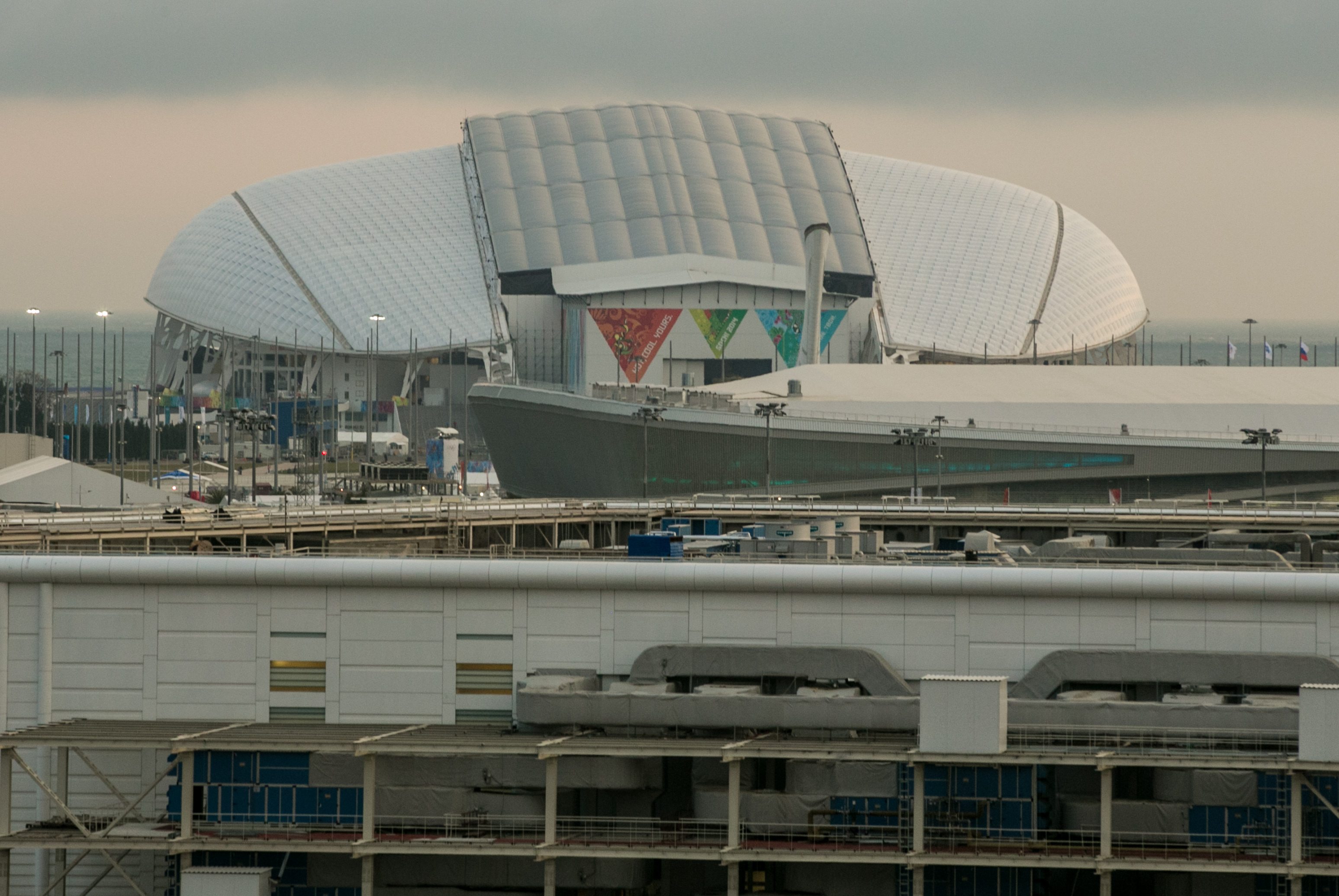 Jan 28, 2014; Sochi, RUSSIA; General view of Fisht Olympic Stadium in Olympic Park prior to 2014 Sochi Winter Olympic Games. Mandatory Credit: Kevin Liles-USA TODAY Sports