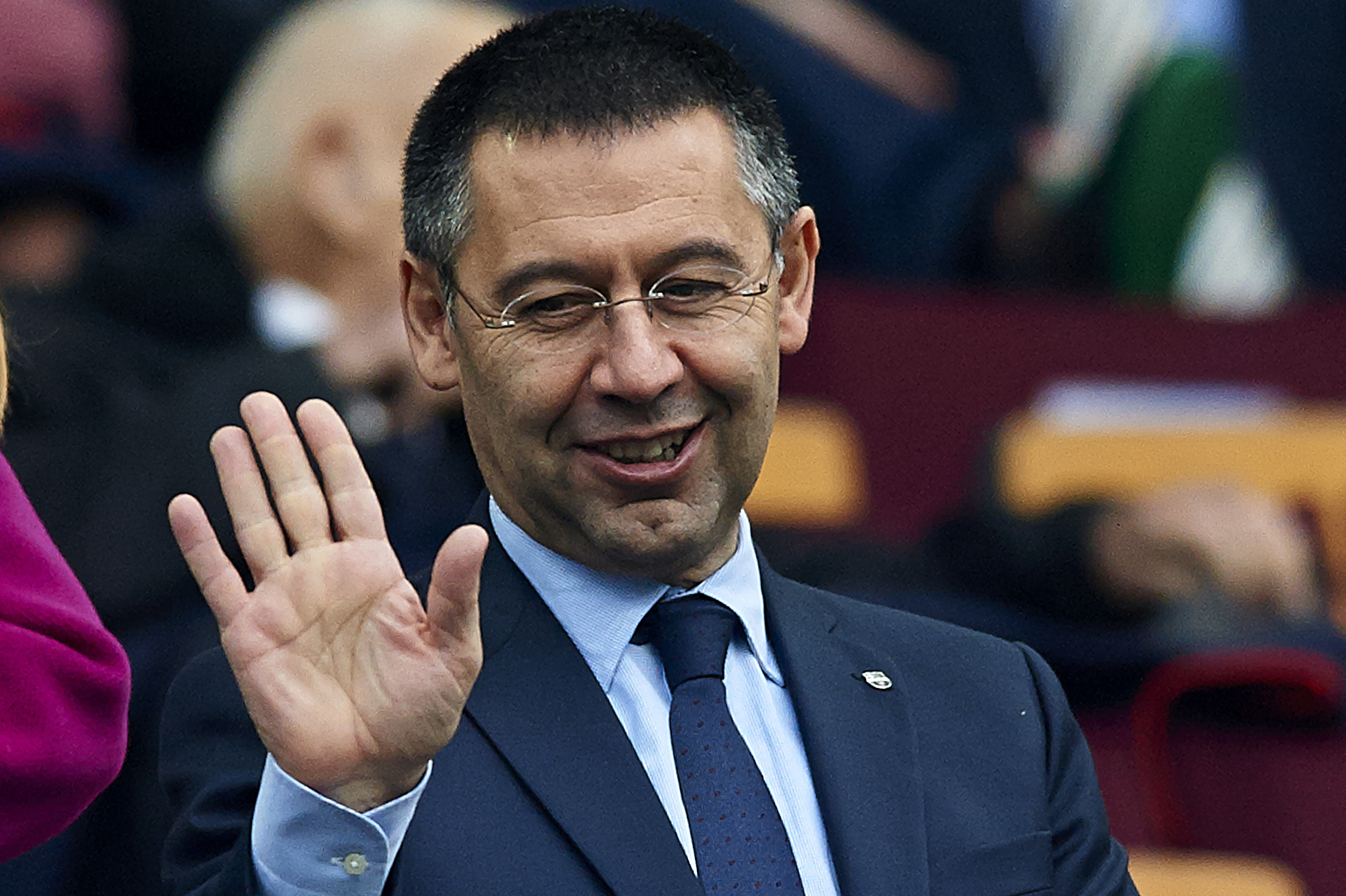 BARCELONA, SPAIN - FEBRUARY 01:  FC Barcelona President Josep Maria Bartomeu greets the public prior to the start the La Liga match between FC Barcelona and Valencia CF at Camp Nou on February 1, 2014 in Barcelona, Spain.  (Photo by Manuel Queimadelos Alonso/Getty Images)