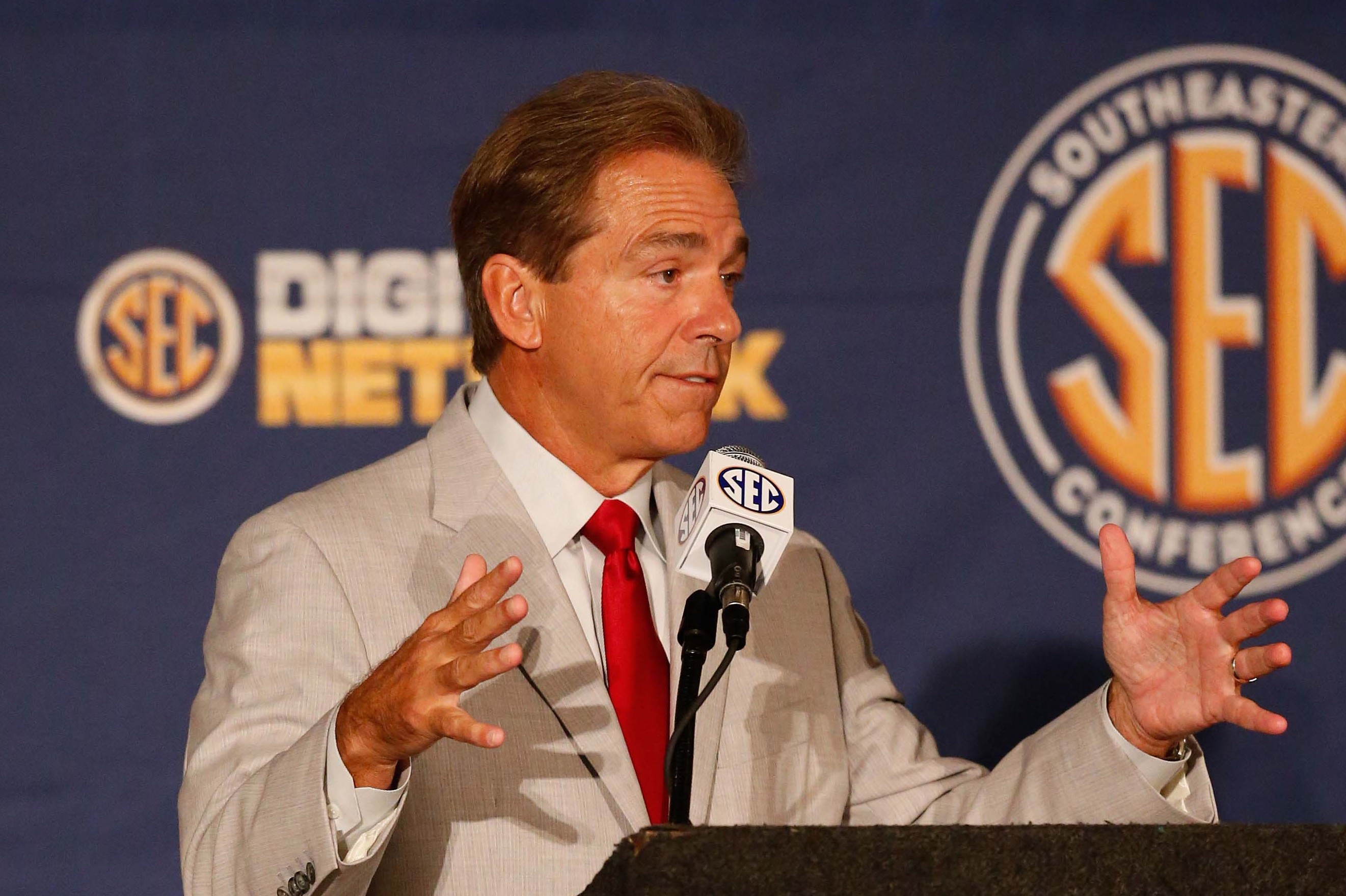 Jul 18, 2013; Hoover, AL, USA; Alabama Crimson Tide head coach Nick Saban talks with the media during the 2013 SEC football media days at the Hyatt Regency. Mandatory Credit: Marvin Gentry-USA TODAY Sports.