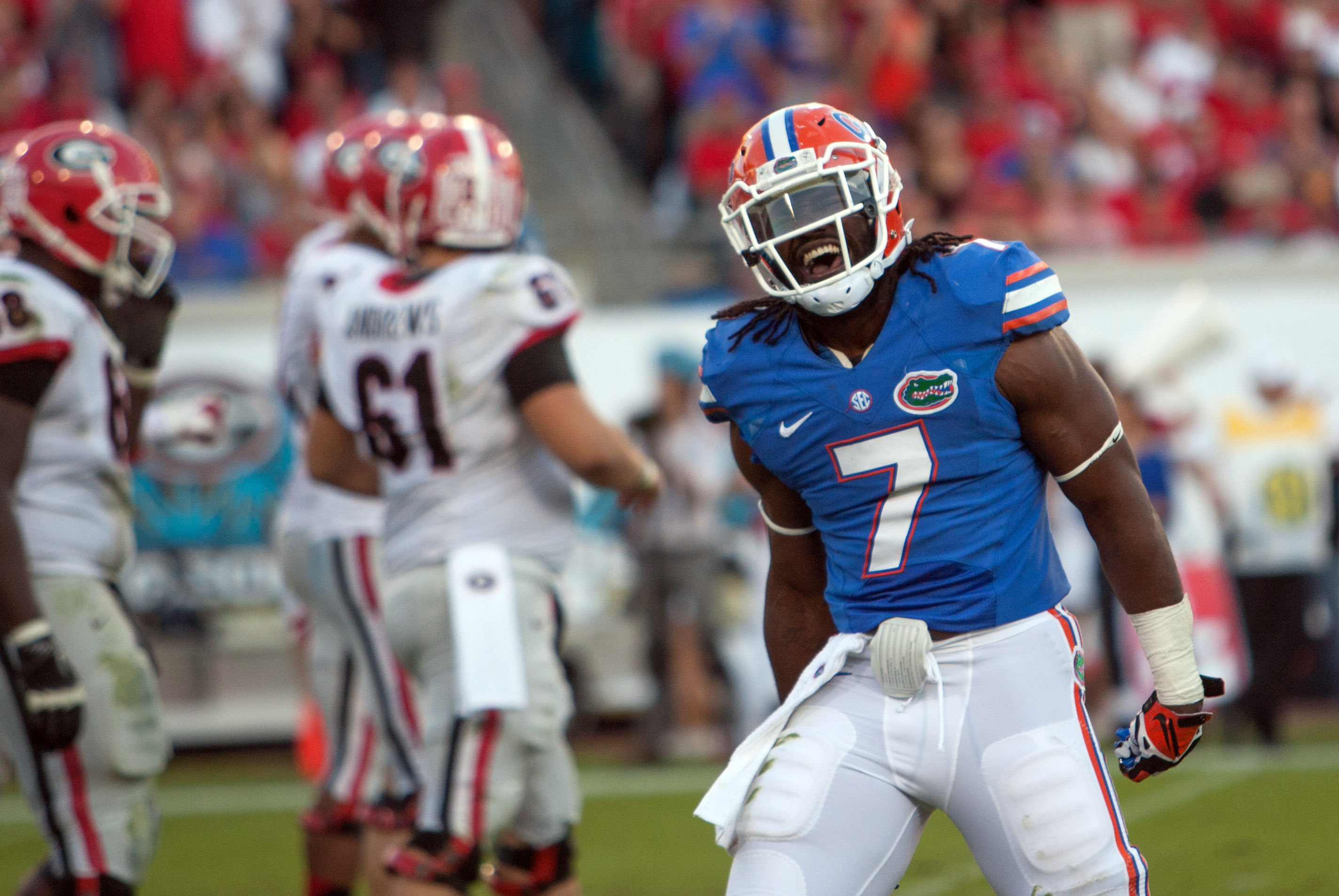 Nov 2, 2013; Jacksonville, FL, USA; Florida Gators linebacker Ronald Powell (7) reacts during the second half of the game against the Georgia Bulldogs at EverBank Field. Mandatory Credit: Rob Foldy-USA TODAY Sports