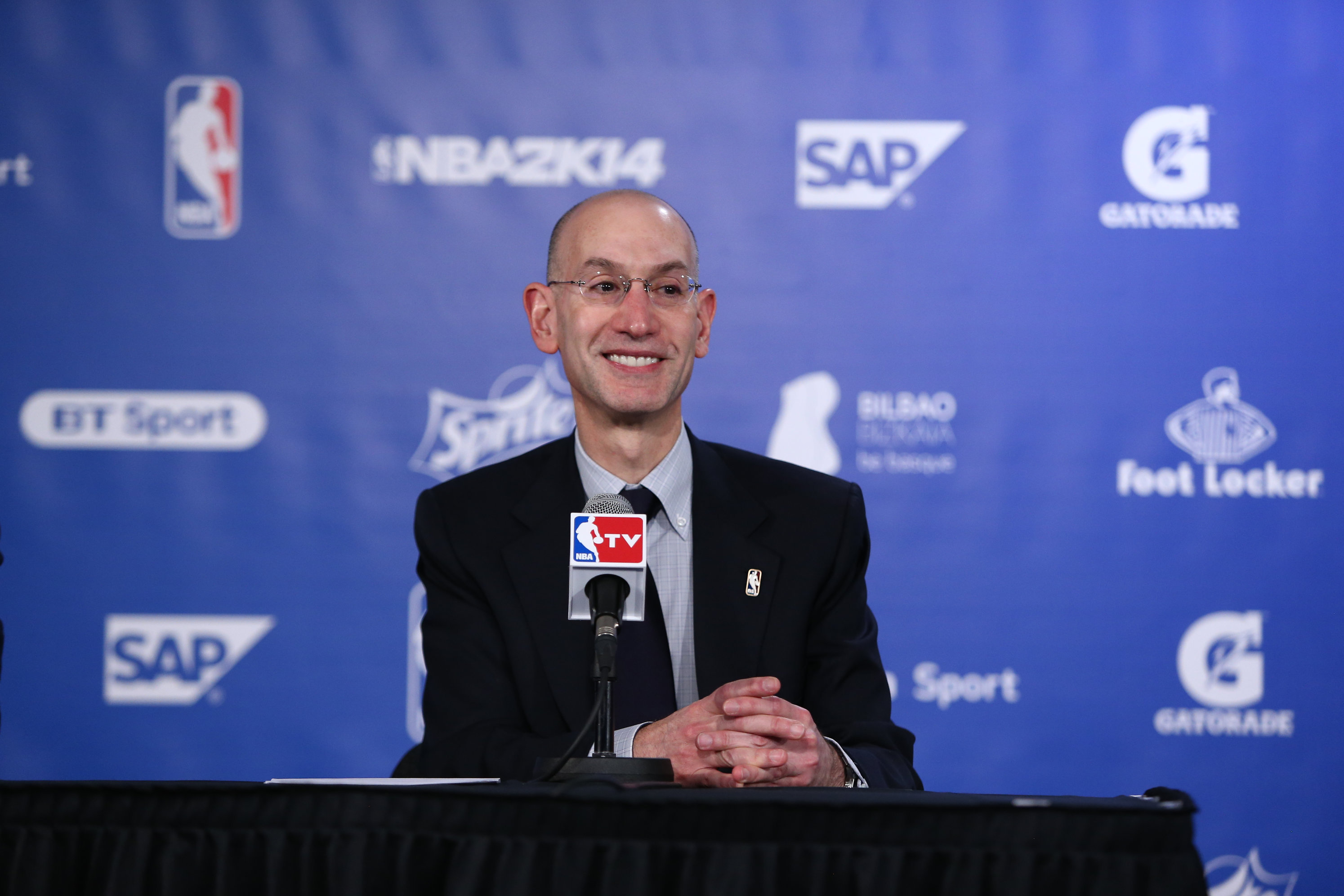 LONDON, ENGLAND - JANUARY 16: NBA Deputy Commissioner Adam Silver addresses the media prior to the game of the Brooklyn Nets against the Atlanta Hawks as part of  the 2014 Global Games on January 16, 2014 at The O2 Arena in London, England. NOTE TO USER: User expressly acknowledges and agrees that, by downloading and/or using this Photograph, user is consenting to the terms and conditions of the Getty Images License Agreement. Mandatory Copyright Notice: Copyright 2014 NBAE (Photo by Nathaniel S. Butler/NBAE via Getty Images)