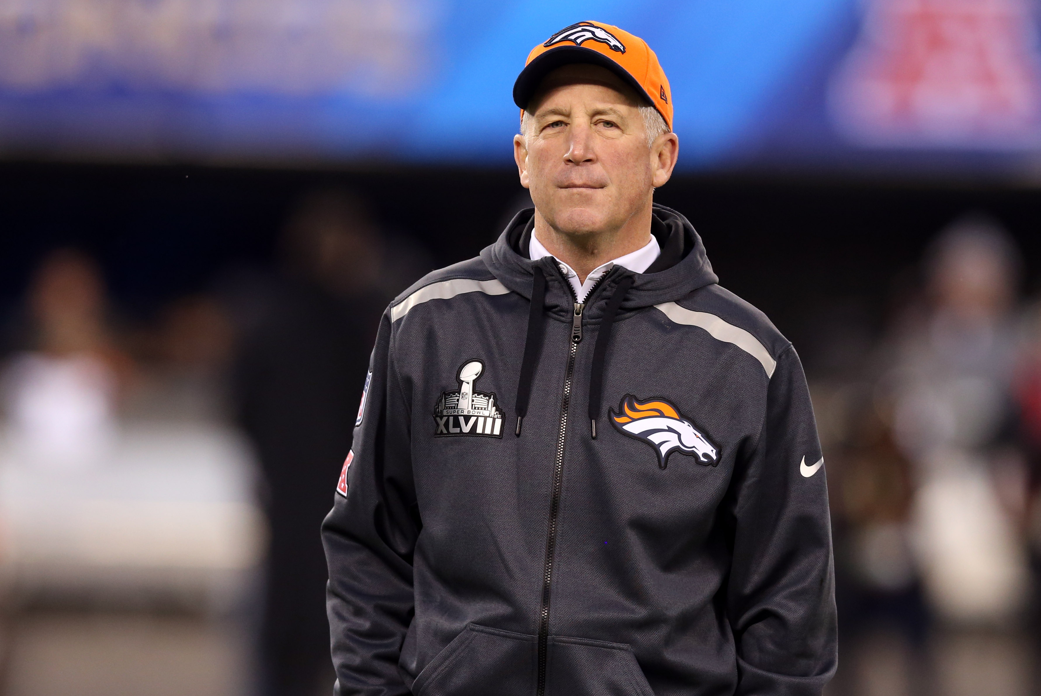 Feb 2, 2014; East Rutherford, NJ, USA; Denver Broncos head coach John Fox on the field prior to Super Bowl XLVIII against the Seattle Seahawks at MetLife Stadium.  Mandatory Credit: Matthew Emmons-USA TODAY Sports