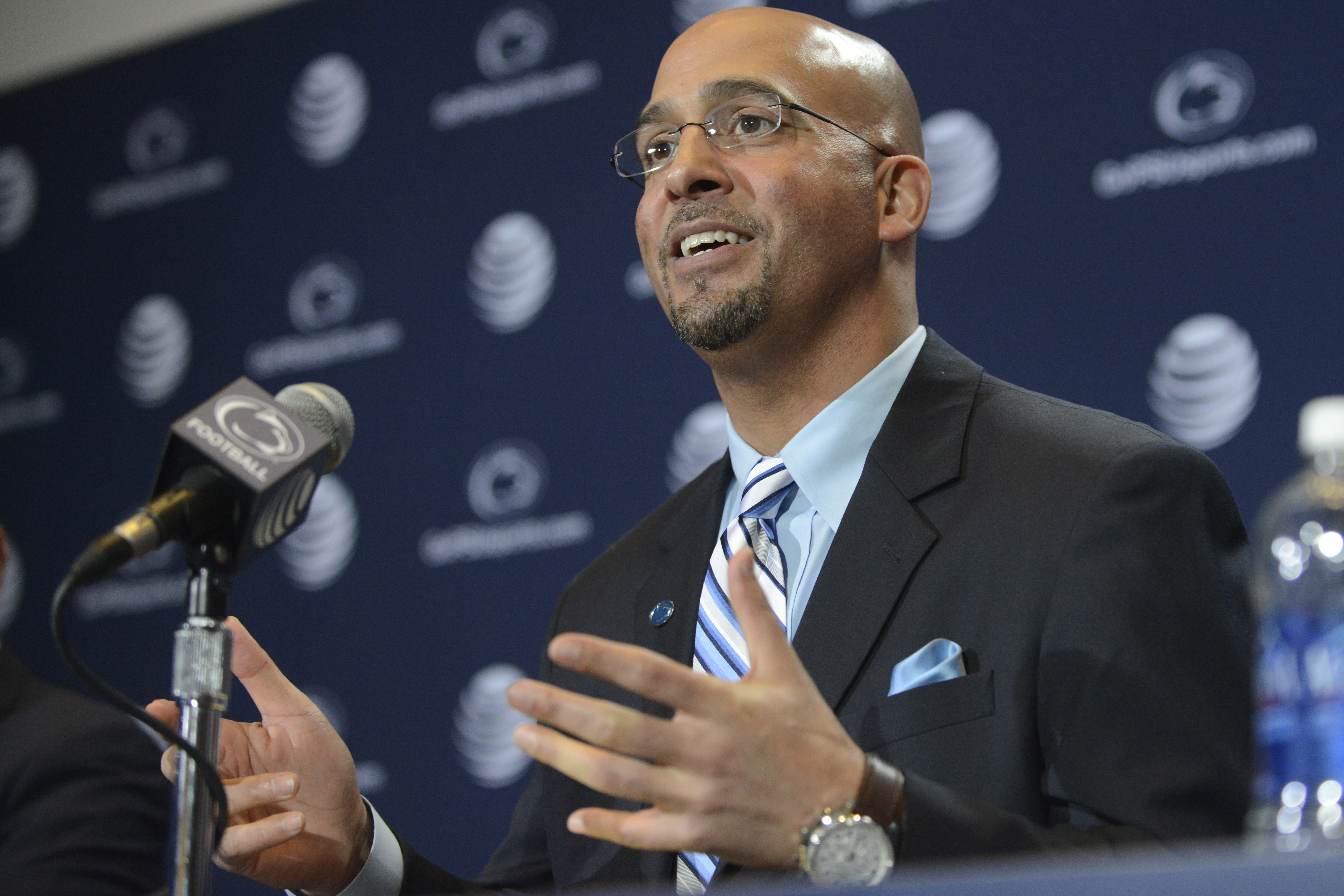 James Franklin speaks after being introduced as Penn State's new football coach during a news conference, Saturday, Jan. 11, 2014, in State College, Pa. Franklin was formerly the head coach at Vanderbilt University. He replaces Bill O'Brien who left Penn State after two seasons to become head coach of the Houston Texans. (AP Photo/ John Beale)