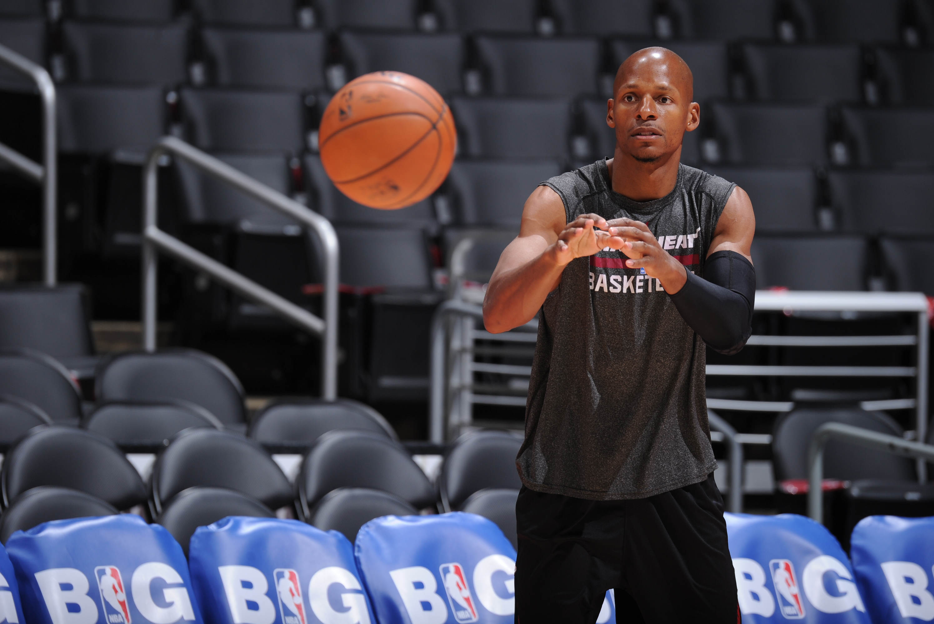 LOS ANGELES, CA - FEBRUARY 5: Ray Allen #34 of the Miami Heat warms up before facing the Los Angeles Clippers at Staples Center on February 5, 2014 in Los Angeles, California. NOTE TO USER: User expressly acknowledges and agrees that, by downloading and/or using this Photograph, user is consenting to the terms and conditions of the Getty Images License Agreement. Mandatory Copyright Notice: Copyright 2014 NBAE (Photo by Andrew D. Bernstein/NBAE via Getty Images)