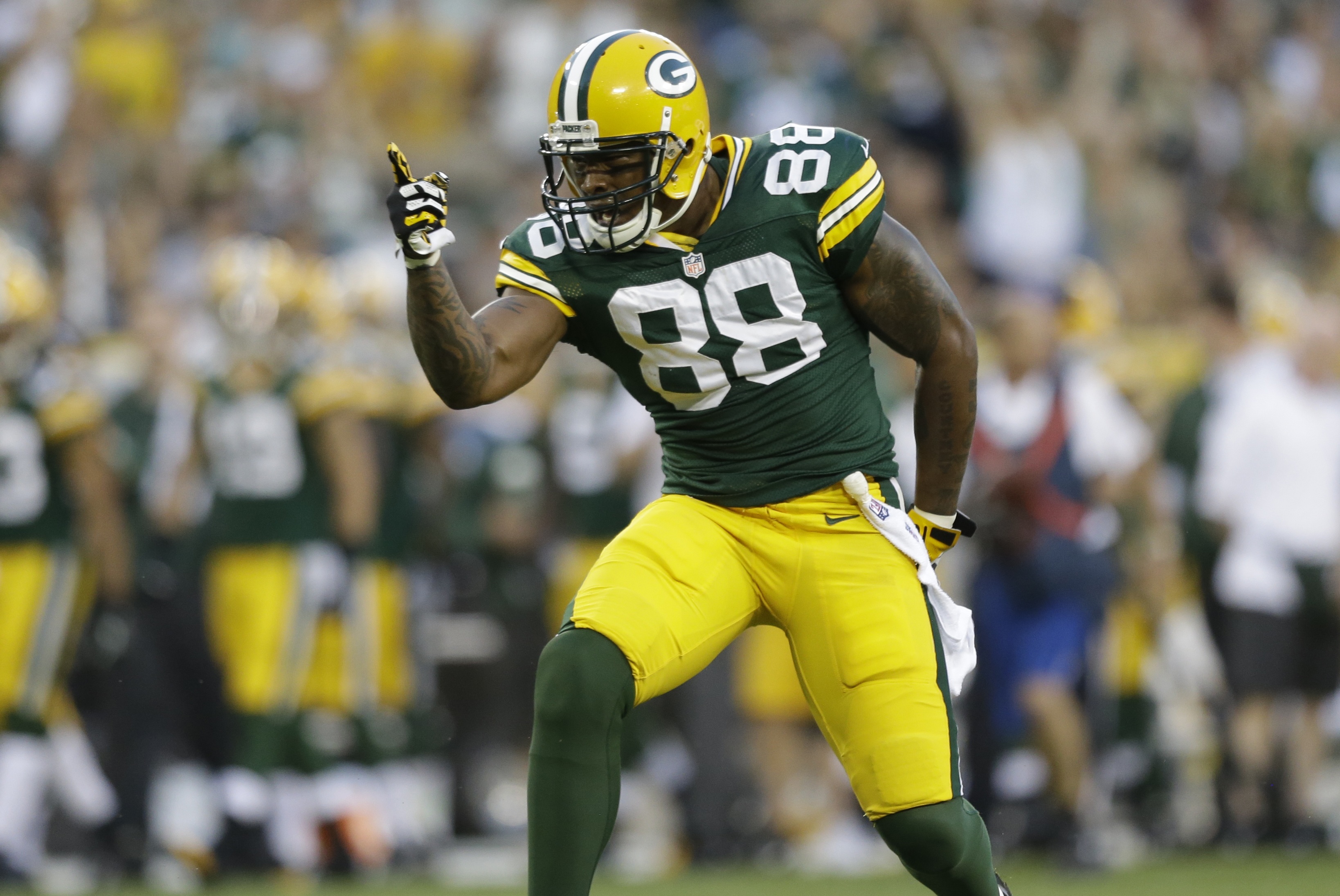 Green Bay Packers' Jermichael Finley during the first half of an NFL preseason football game against the Seattle Seahawks Friday, Aug. 23, 2013, in Green Bay, Wis. (AP Photo/Jeffrey Phelps)