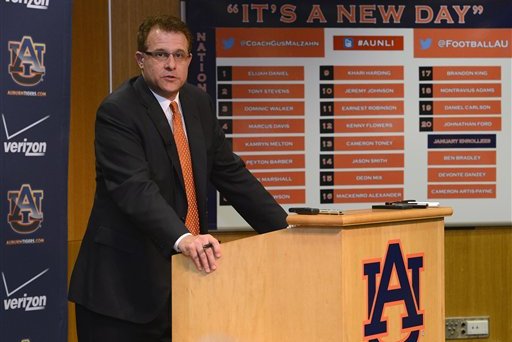 Auburn coach Gus Malzahn talks to the media during NCAA college football national signing day on Wednesday, Feb. 6, 2013 in Auburn, Ala. (AP Photo/Todd J. Van Emst)