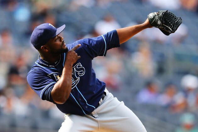 NEW YORK, NY - JUNE 23:  Fernando Rodney #56 of the Tampa Bay Rays celebrates a 3-1 win against the New York Yankees on June 23, 2013 at Yankee Stadium in the Bronx borough of New York City  (Photo by Al Bello/Getty Images)