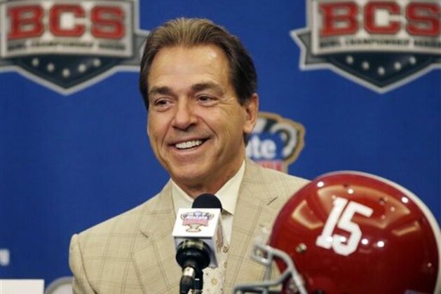 FILE - In this file photo from Jan. 1, 2014, Alabama head coach Nick Saban talks to the media during an NCAA college football news conference in New Orleans. The Southeastern Conference is still reigning supreme on the recruiting trail. The Crimson Tide is poised to bring in another top-rated recruiting class on Wednesday's, Feb. 5, 2014, national signing day. Six SEC rivals also have built top 10 classes, according to the 247Sports composite rankings of the major recruiting sites. (AP Photo/Gerald Herbert, File)