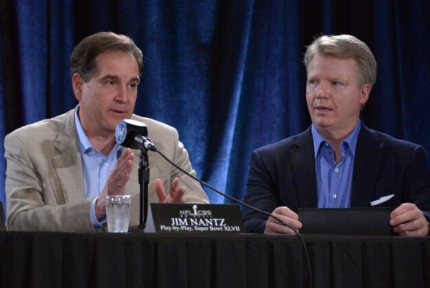 Jan 29, 2013, New Orleans, LA, USA; CBS sports Super Bowl XLVII play-by-play broadcaster Jim Nantz (left) and lead analyst Phil Simms at press conference at the New Orleans Ernest N. Morial Convention Center. Mandatory Credit: Kirby Lee-USA TODAY Sports