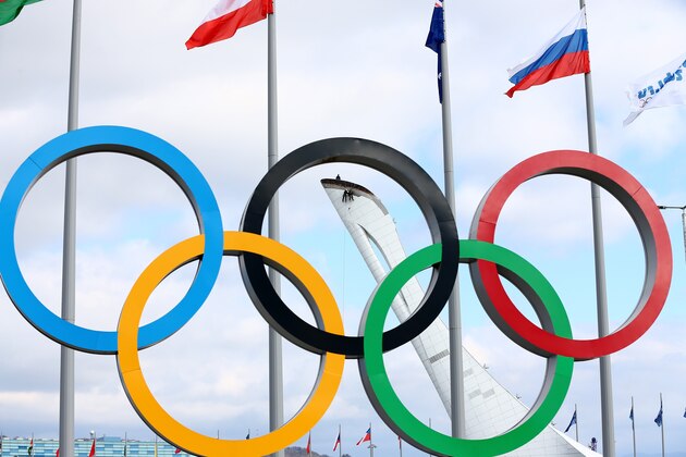 SOCHI, RUSSIA - FEBRUARY 02:  The Olympic Rings are displayed while workers prepare the Olympic Cauldron ahead of the Sochi 2014 Winter Olympics at Olympic Park on February 2, 2014 in Sochi, Russia.  (Photo by Martin Rose/Getty Images)
