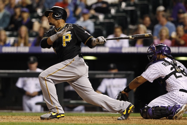 Pittsburgh Pirates' Jose Tabata grounds out against the Colorado Rockies in the eighth inning of the Rockies' 10-1 victory in a baseball game in Denver on Friday, Aug. 9, 2013. (AP Photo/David Zalubowski)