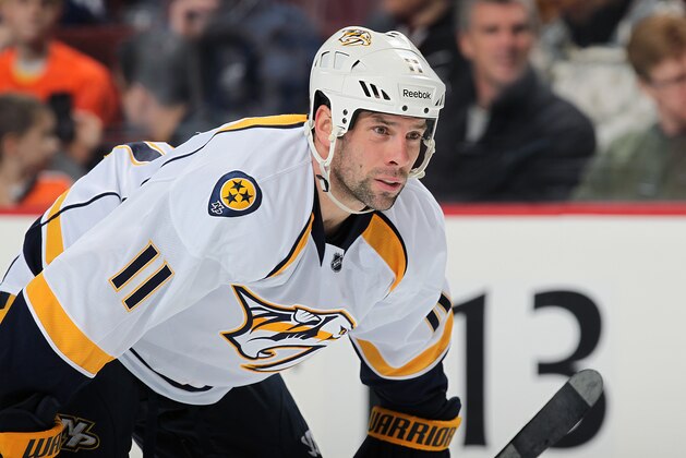 PHILADELPHIA, PA - JANUARY 16:  David Legwand #11 of the Nashville Predators looks on against the Philadelphia Flyers on January 16, 2014 at the Wells Fargo Center in Philadelphia, Pennsylvania.  (Photo by Len Redkoles/NHLI via Getty Images)