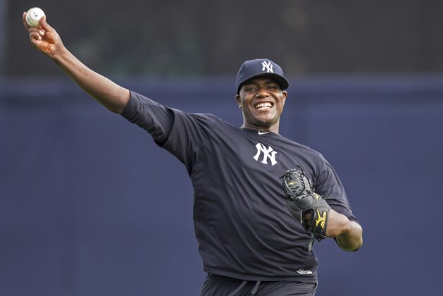 New York Yankees pitcher Michael Pineda throws during baseball spring training at George M. Steinbrenner Field Tuesday, Feb. 12, 2013, in Tampa, Fla. (AP Photo/Scott Iskowitz)