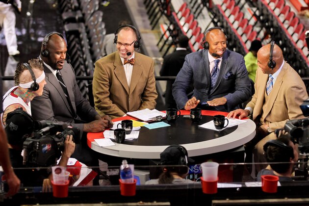 MIAMI, FL - MAY 22: Chris Andersen #11 of the Miami Heat, left, shares a laugh while being interviewed by TNT analysts, from left, Shaquille O'Neal, Ernie Johnson Jr., Kenny Smith and Charles Barkley following the Heat's victory against the Indiana Pacers in Game One of the Eastern Conference Finals during the 2013 NBA Playoffs on May 22, 2013 at American Airlines Arena in Miami, Florida. NOTE TO USER: User expressly acknowledges and agrees that, by downloading and/or using this photograph, user is consenting to the terms and conditions of the Getty Images License Agreement. Mandatory copyright notice: Copyright NBAE 2013 (Photo by Issac Baldizon/NBAE via Getty Images)
