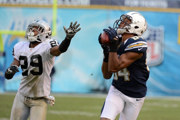 SAN DIEGO, CA - DECEMBER 30: Danario Alexander #84 of the San Diego Chargers catches the ball while being covered by Brandian Ross #29 of the Oakland Raiders on December 30, 2012 at Qualcomm Stadium in San Diego, California. (Photo by Donald Miralle/Getty Images) SAN DIEGO, CA - DECEMBER 30: Danario Alexander #84 of the San Diego Chargers catches the ball while being covered by Brandian Ross #29 of the Oakland Raiders on December 30, 2012 at Qualcomm Stadium in San Diego, California. (Photo by Donald Miralle/Getty Images)