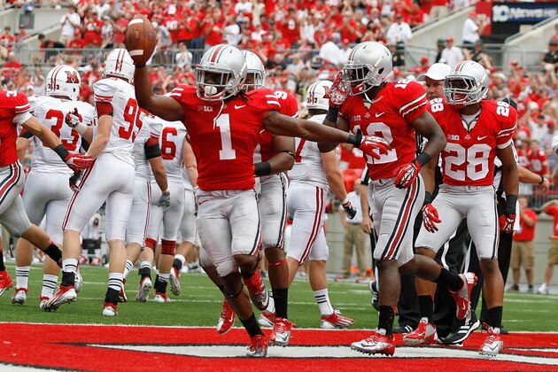 COLUMBUS, OH - SEPTEMBER 1:  Bradley Roby #1 of the Ohio State Buckeyes celebrates scoring a touchdown after Zac Murphy #45 of the Miami Redhawks fumbled a punt during the third quarter on September 1, 2012 at Ohio Stadium in Columbus, Ohio. Ohio State defeated Miami 56-10. (Photo by Kirk Irwin/Getty Images)