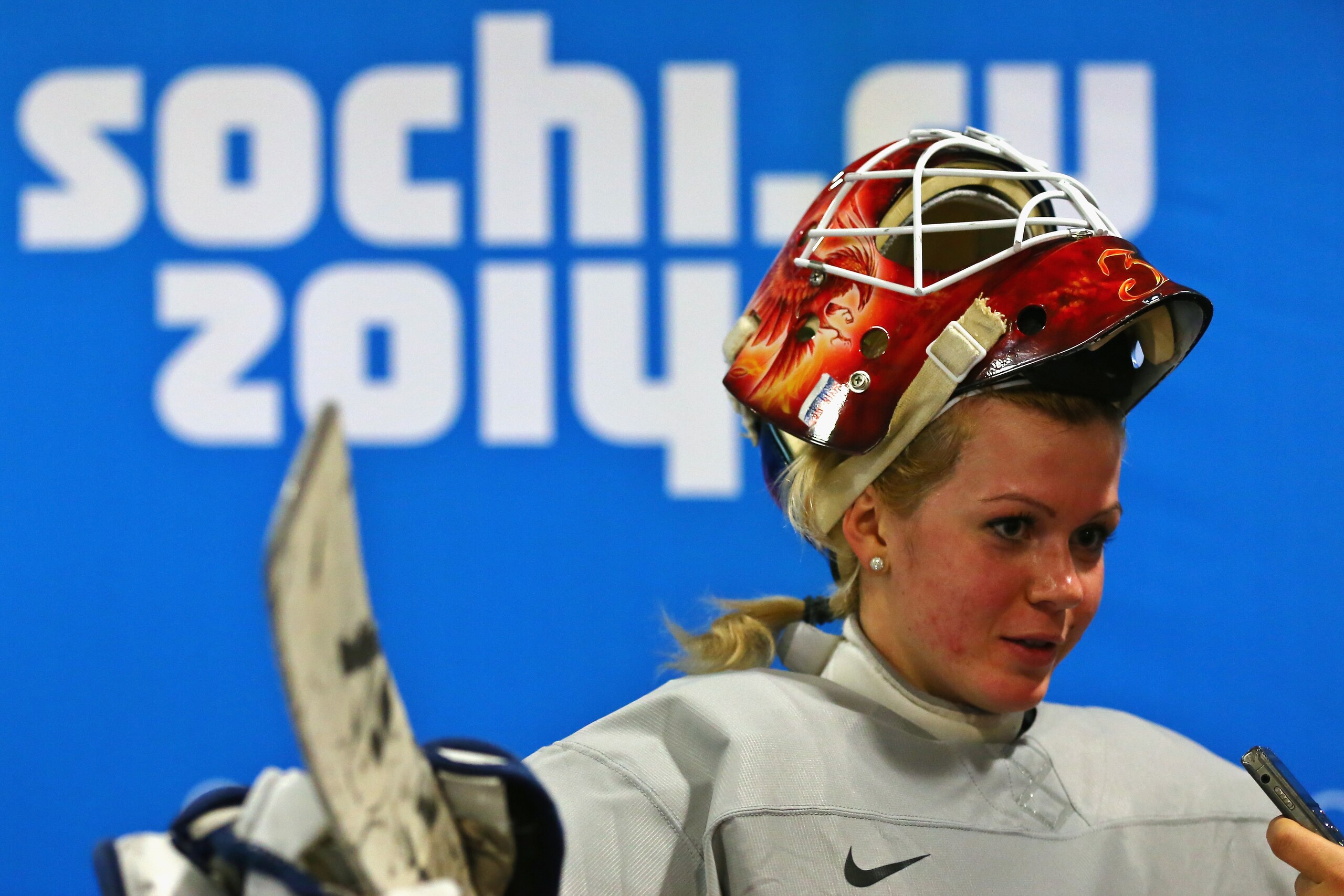SOCHI, RUSSIA - FEBRUARY 01:  Ice hockey goalkeeper Anna Prugova of Russia gives an interview during practice prior to the Sochi 2014 Winter Olympics at the Shayba Arena on February 1, 2014 in Sochi, Russia.  (Photo by Martin Rose/Getty Images)