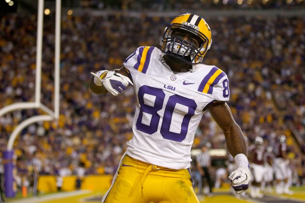 BATON ROUGE, LA - NOVEMBER 10:  Jarvis Landry #80 of the LSU Tigers celebrates after scoring a touchdown against the Mississippi State Bulldogs at Tiger Stadium on November 10, 2012 in Baton Rouge, Louisiana.  (Photo by Chris Graythen/Getty Images)