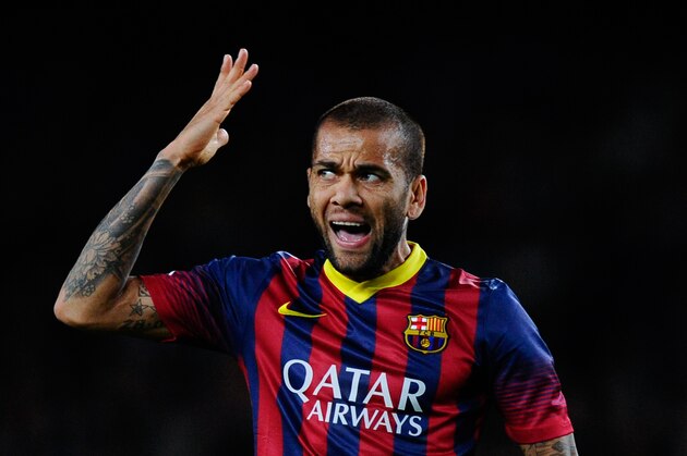 BARCELONA, SPAIN - NOVEMBER 01:  Dani Alves of FC Barcelona reacts after missing a chance to score during the La Liga match between FC Barcelona and RCD Espanyol at Camp Nou on November 1, 2013 in Barcelona, Spain.  (Photo by David Ramos/Getty Images)