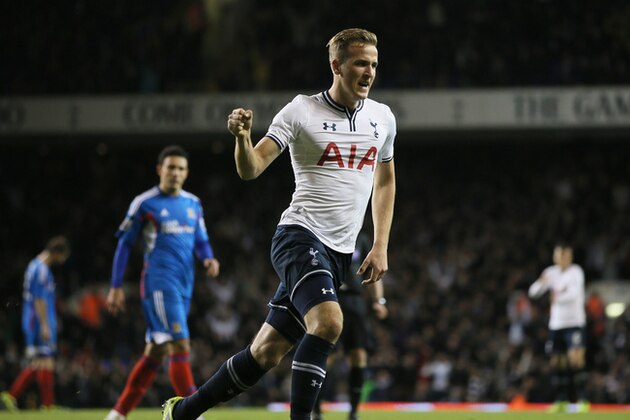 Tottenham's Harry Kane celebrates after scoring a goal during their English League Cup soccer match between Tottenham Hotspur and Hull City at the White Hart Lane stadium in London Wednesday, Oct. 30, 2013. (AP Photo/Alastair Grant)