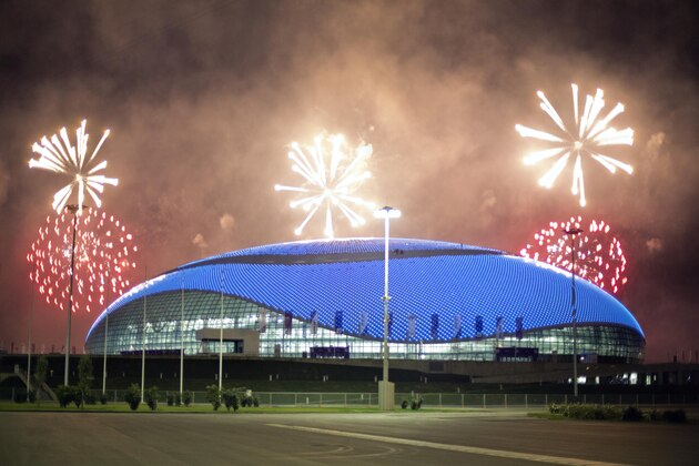 Fireworks are shot over the Bolshoy Ice Dome at the conclusion of a rehearsal for the opening ceremony at the 2014 Winter Olympics, Saturday, Feb. 1, 2014, in Sochi, Russia. (AP Photo/David Goldman)