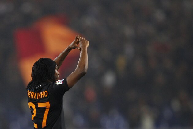 AS Roma forward Gervinho of Ivory Coast celebrates after scoring  during an Italian Cup, semifinal first leg match, between AS Roma and Napoli at Rome's Olympic stadium, Wednesday, Feb. 5, 2014. (AP Photo/Alessandra Tarantino)