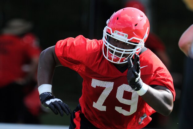 Aug 1, 2013; Athens, GA, USA; Georgia Bulldogs offensive lineman Mark Beard (79) goes through a blocking drill during practice at the University of Georgia. Mandatory Credit: Dale Zanine-USA TODAY Sports