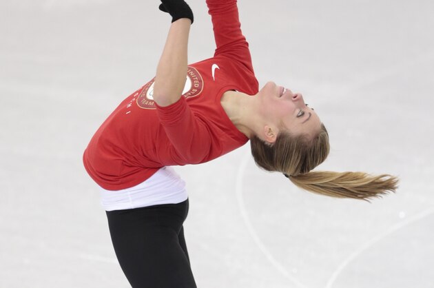Ashley Wagner, of the United States, skates at the figure stating practice rink ahead of the 2014 Winter Olympics, Wednesday, Feb. 5, 2014, in Sochi, Russia. (AP Photo/Ivan Sekretarev)
