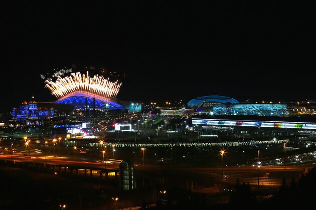 SOCHI, RUSSIA - FEBRUARY 07:  Fireworks on display over Fisht Olympic Stadium in the Olympic Park during the Opening Ceremony of the Sochi 2014 Winter Olympics at Fisht Olympic Stadium on February 7, 2014 in Sochi, Russia.  (Photo by Streeter Lecka/Getty Images)