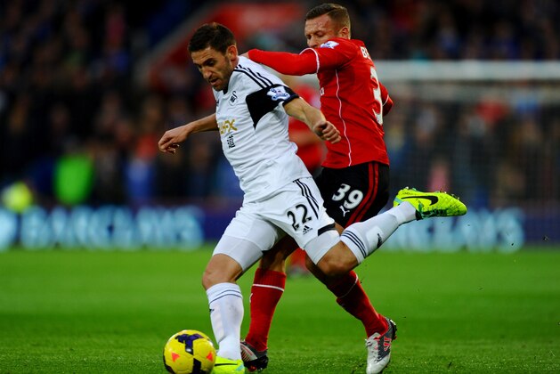 CARDIFF, WALES - NOVEMBER 03:  Angel Rangel of Swansea City battles with Craig Bellamy of Cardiff City during the Barclays Premier League match between Cardiff City and Swansea City at Cardiff City Stadium on November 3, 2013 in Cardiff, Wales.  (Photo by Laurence Griffiths/Getty Images)