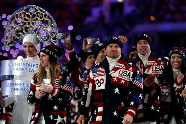SOCHI, RUSSIA - FEBRUARY 07:  The United States Olympic team enters the Opening Ceremony of the Sochi 2014 Winter Olympics at Fisht Olympic Stadium on February 7, 2014 in Sochi, Russia.  (Photo by Ryan Pierse/Getty Images)