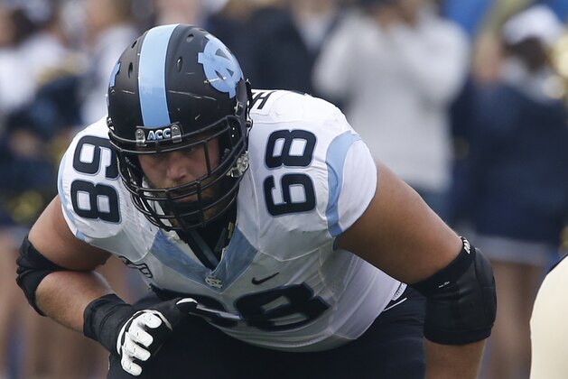 North Carolina offensive tackle James Hurst (68) in action in an NCAA football game between Pittsburgh and North Carolina, Saturday, Nov. 16, 2013 in Pittsburgh. (AP Photo/Keith Srakocic)