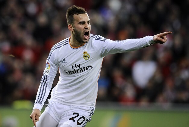 Real Madrid's Jese celebrates after scoring his goal during their Spanish League soccer match between Athletic Bilbao and Real Madrid, at San Mames stadium in Bilbao, Spain, Sunday, Feb. 2, 2014. (AP Photo/Alvaro Barrientos)