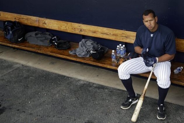 FILE - In this Feb. 25, 2012, file photo, New York Yankees' Alex Rodriguez sits in the dugout during practice at baseball spring training in Tampa, Fla.  Rodriguez gets to start arguing his case Monday, Sept. 30, 2013. In a hearing room before arbitrator Fredric Horowitz, lawyers for  Rodriguez will argue why the 211-game suspension imposed by Major League Baseball on Aug. 5 should be overturned. (AP Photo/Matt Slocum, File)