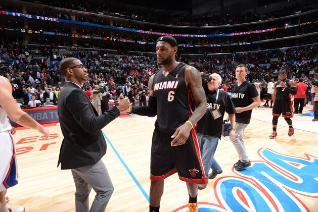 LOS ANGELES, CA - FEBRUARY 5: Chris Paul #3 of the Los Angeles Clippers congratulates LeBron James #6 of the Miami Heat following their game at Staples Center on February 5, 2014 in Los Angeles, California. NOTE TO USER: User expressly acknowledges and agrees that, by downloading and/or using this Photograph, user is consenting to the terms and conditions of the Getty Images License Agreement. Mandatory Copyright Notice: Copyright 2014 NBAE (Photo by Andrew D. Bernstein/NBAE via Getty Images)