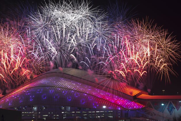 Fireworks explode over Fisht Olympic Stadium at the end of the opening ceremony for the 2014 Winter Olympics in Sochi, Russia, Friday, Feb. 7, 2014. (AP Photo/Pavel Golovkin)