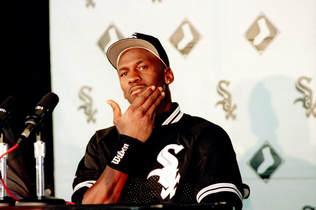 Former basketball player Michael Jordan ponders a question during a news conference in Chicago, Ill., Monday, Feb. 7, 1994.  Jordan signed a minor league contract with the Chicago White Sox Class AAA affiliate Nashville Sounds and has been invited to spring training as a non-roster invitee.  (AP Photo/John Swart)