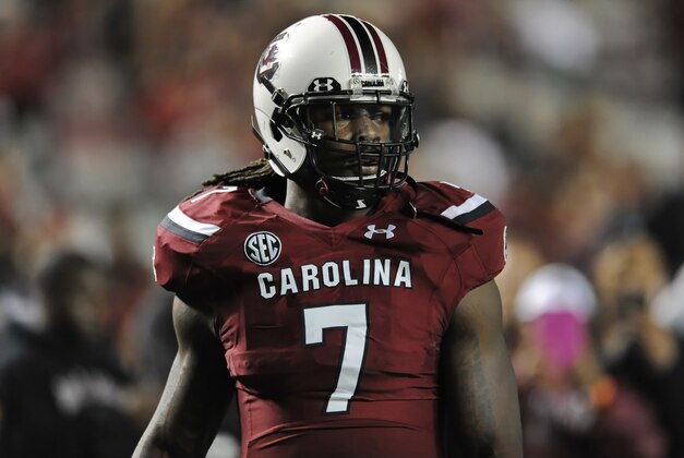 South Carolina's Jadeveon Clowney warms up before the start of an NCAA college football game against Florida Saturday, Nov. 16, 2013, at Williams-Brice Stadium in Columbia, S.C. (AP Photo/ Richard Shiro)