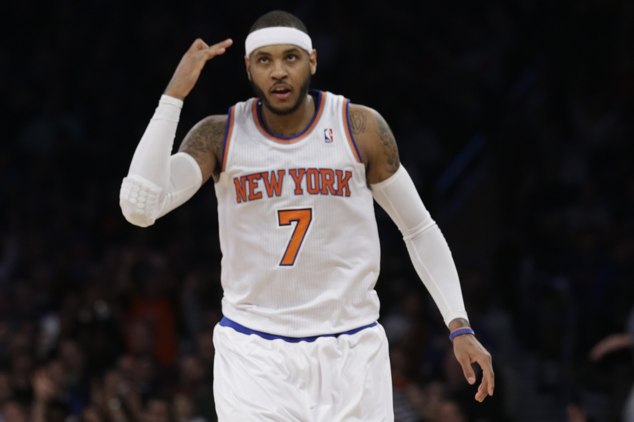 New York Knicks' Carmelo Anthony gestures after making a 3-point basket during the first half of an NBA basketball game against the Denver Nuggets on Friday, Feb. 7, 2014, in New York. The Knicks won 117-90. (AP Photo/Frank Franklin II) New York Knicks' Carmelo Anthony gestures after making a 3-point basket during the first half of an NBA basketball game against the Denver Nuggets on Friday, Feb. 7, 2014, in New York. The Knicks won 117-90. (AP Photo/Frank Franklin II)