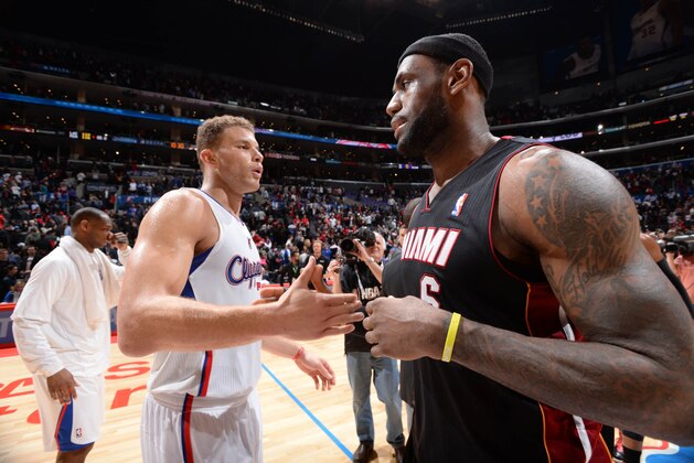 LOS ANGELES, CA - FEBRUARY 5: Blake Griffin #32 of the Los Angeles Clippers congratulates LeBron James #6 of the Miami Heat following their game at Staples Center on February 5, 2014 in Los Angeles, California. NOTE TO USER: User expressly acknowledges and agrees that, by downloading and/or using this Photograph, user is consenting to the terms and conditions of the Getty Images License Agreement. Mandatory Copyright Notice: Copyright 2014 NBAE (Photo by Andrew D. Bernstein/NBAE via Getty Images)