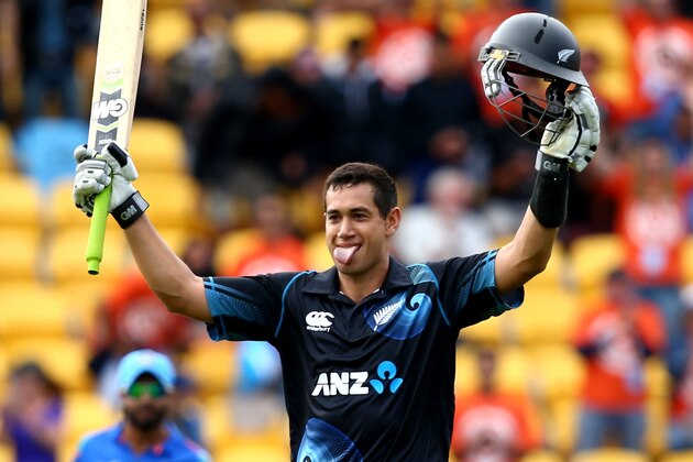 WELLINGTON, NEW ZEALAND - JANUARY 31:  Ross Taylor of New Zealand celebrates his century during Game 5 of the men's one day international between New Zealand and India at Westpac Stadium on January 31, 2014 in Wellington, New Zealand.  (Photo by Phil Walter/Getty Images)
