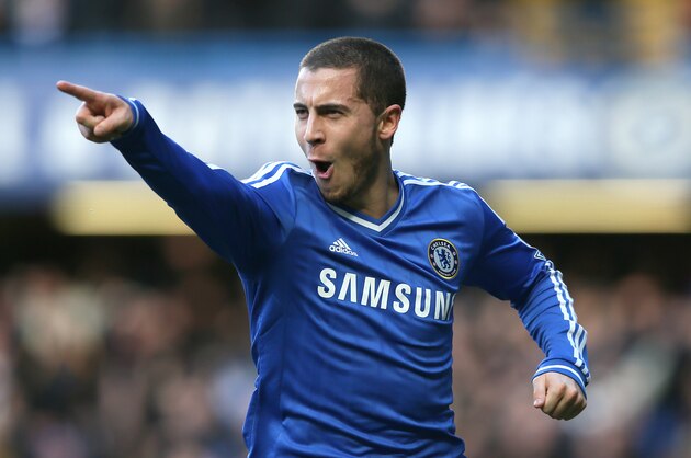 Chelsea's Eden Hazard celebrates after scoring the opening goal during their English Premier League soccer match between Chelsea and Newcastle United in London, Saturday, Feb. 8  2014. (AP Photo/Alastair Grant)