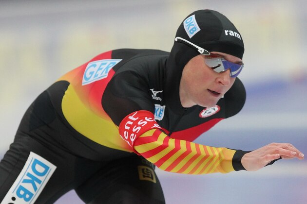 Germany's Claudia Pechstein skates in the women's 5000-meter race at the World Cup speed skating event in Astana, Kazakhstan, Friday, Nov. 29, 2013. Claudia Pechstein  won the second place.  (AP Photo/Stanislav Filippov)