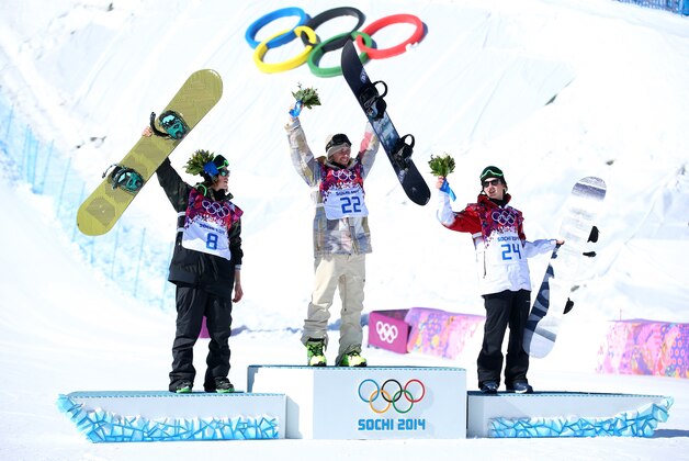 SOCHI, RUSSIA - FEBRUARY 08:  (L-R) Silver medalist Staale Sandbech of Norway, gold medalist Sage Kotsenburg of the United States and bronze medalist Mark McMorris of Canada pose on the podium during the flower ceremony following the Snowboard Men's Slopestyle Final during day 1 of the Sochi 2014 Winter Olympics at Rosa Khutor Extreme Park on February 8, 2014 in Sochi, Russia.  (Photo by Julian Finney/Getty Images)