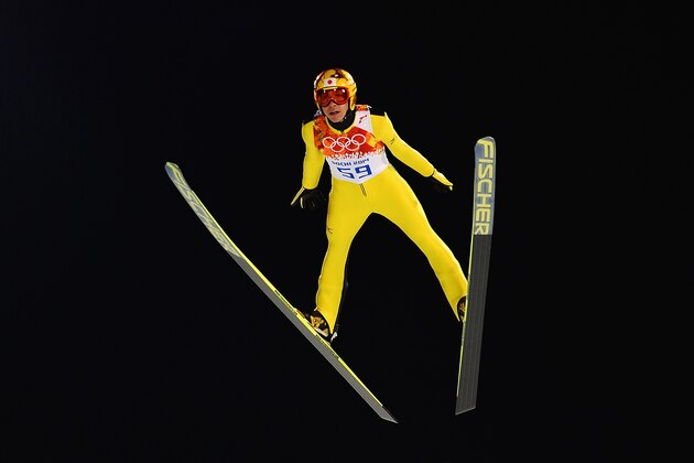 SOCHI, RUSSIA - FEBRUARY 08:  Noriaki Kasai of Japan jumps during the Men's Normal Hill Individual Qualification on day 1 of the Sochi 2014 Winter Olympics at the RusSki Gorki Ski Jumping Center on February 8, 2014 in Sochi, Russia.  (Photo by Lars Baron/Getty Images)