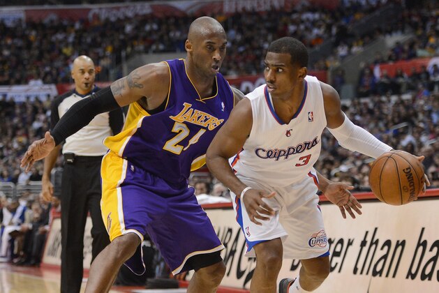 LOS ANGELES, CA - JANUARY 04:  Chris Paul #3 of the Los Angeles Clippers keeps his dribble away from Kobe Bryant #24 of the Los Angeles Lakers during a 107-102 Clipper win at Staples Center on January 4, 2013 in Los Angeles, California.  NOTE TO USER: User expressly acknowledges and agrees that, by downloading and or using this photograph, User is consenting to the terms and conditions of the Getty Images License Agreement.  (Photo by Harry How/Getty Images)
